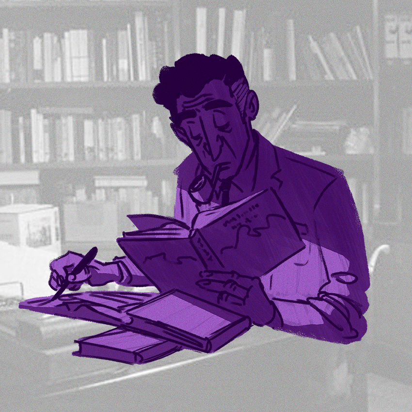 Illustration of a male professor smoking a pipe and making notes about a book he is reading