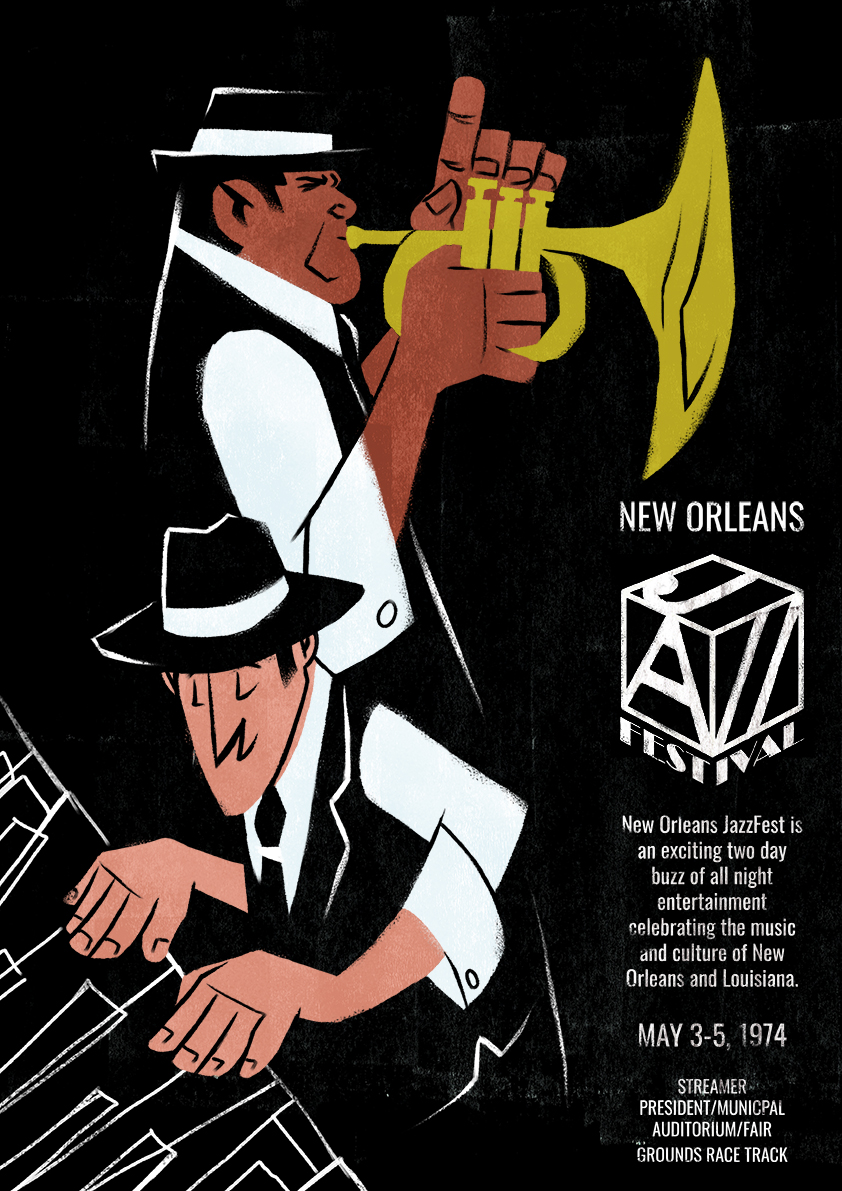 Poster by Matt Walker art of two jazz musicians playing the trumpet and piano advertising the new orleans jazz festival
